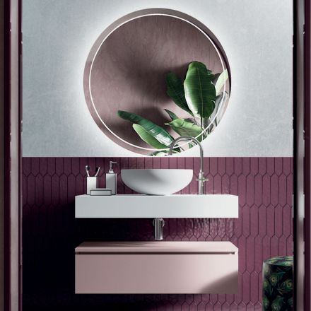 Composizione Bagno con Lavabo in Resina e Specchio Made in Italy - Palom Viadurini