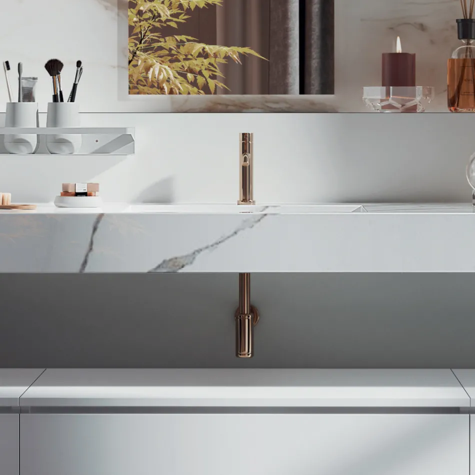Composizione Bagno Doppia con Specchio Rettangolare e Lavabo Made in Italy - Palom Viadurini