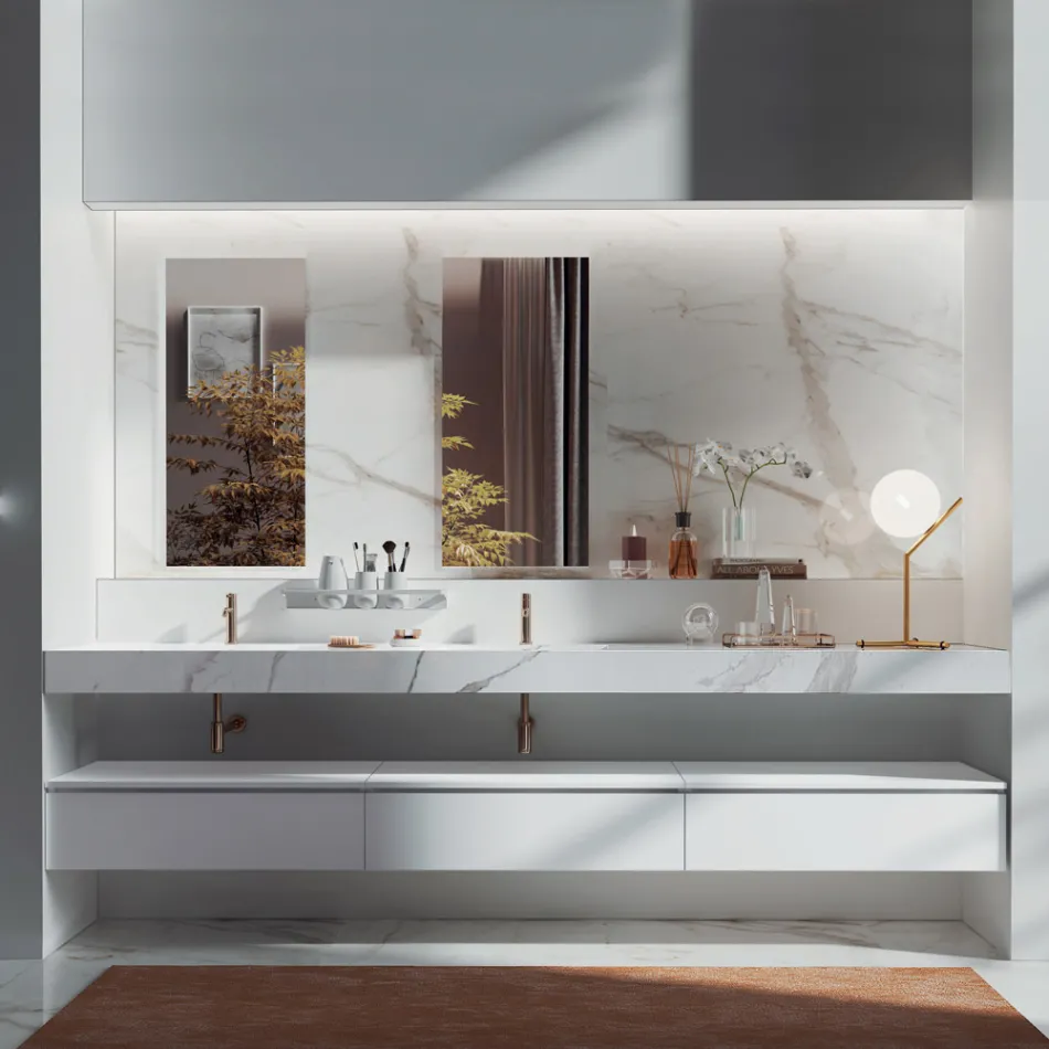 Composizione Bagno Doppia con Specchio Rettangolare e Lavabo Made in Italy - Palom Viadurini