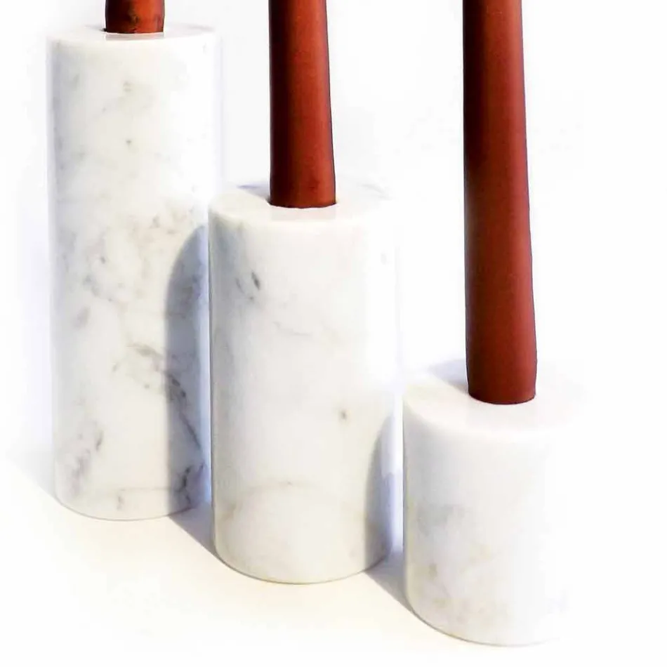 Composizione di 3 Portacandele in Marmo Bianco di Carrara Made in Italy - Astol Viadurini