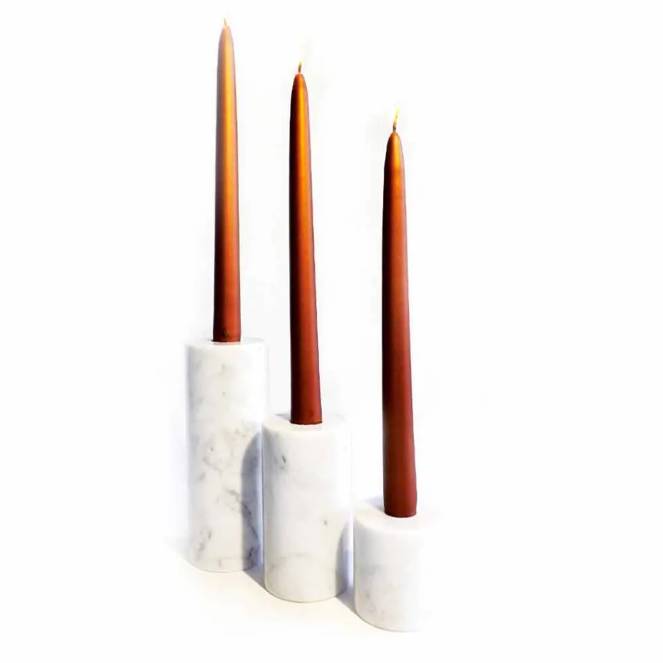 Composizione di 3 Portacandele in Marmo Bianco di Carrara Made in Italy - Astol Viadurini