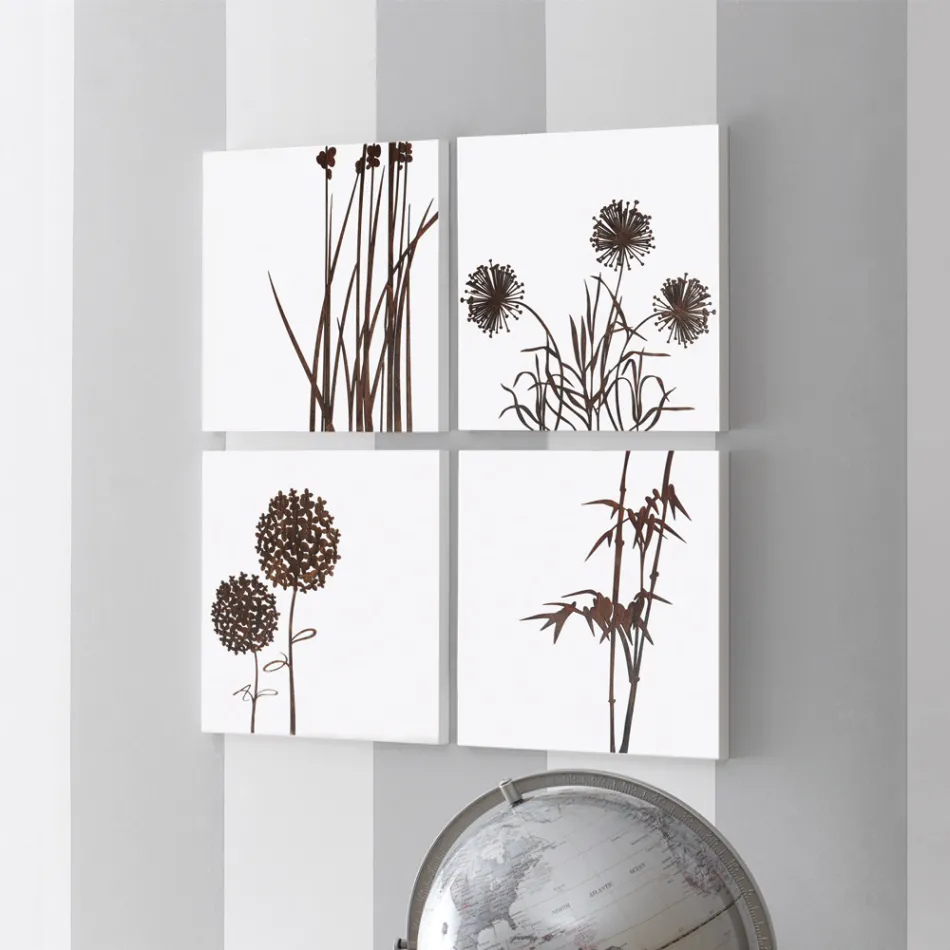 Composizione di 4 Pannelli con Ortensie, Allium e Thypha  Made in Italy - Calcolo Viadurini