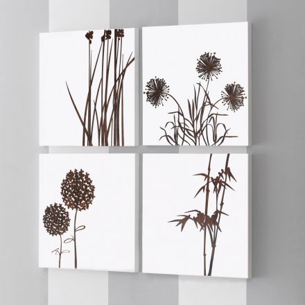 Composizione di 4 Pannelli con Ortensie, Allium e Thypha  Made in Italy - Calcolo Viadurini