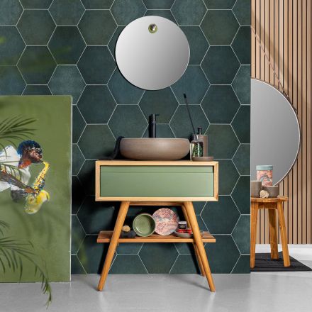 Composizione Mobile Bagno Verde con Mobile in Teak ed Accessori  - Carolie  Viadurini