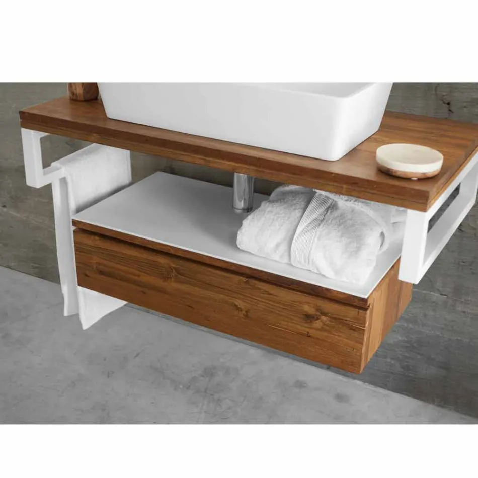 Consolle Bagno Sospesa in Teak e Hi Macs® con Cassetto Contenitore - Rodolfo Viadurini