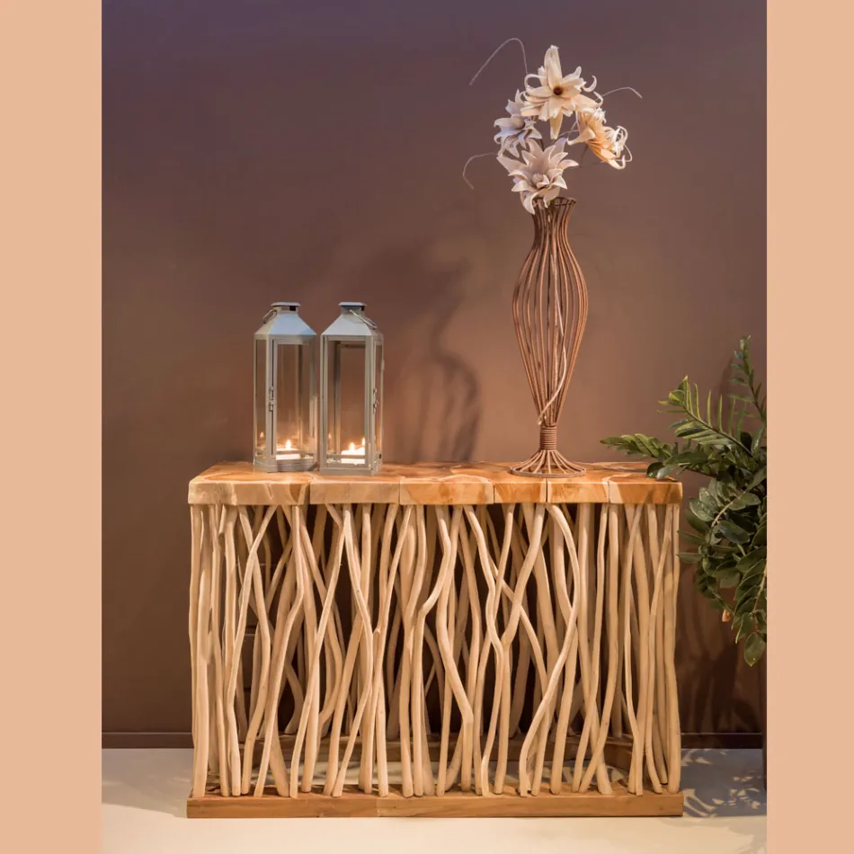 Consolle con Piano e Steli di Teak Massello Naturale - Rodin Viadurini