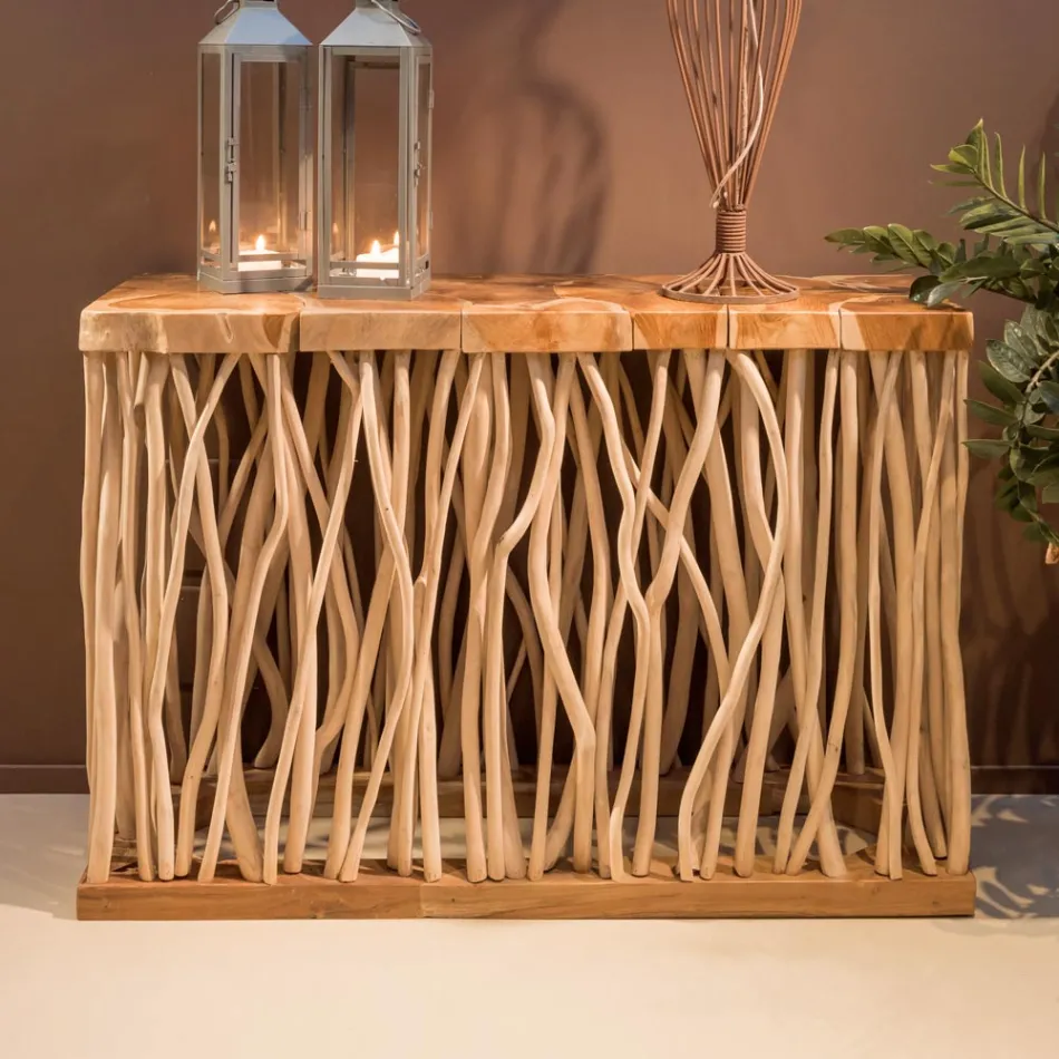 Consolle con Piano e Steli di Teak Massello Naturale - Rodin Viadurini