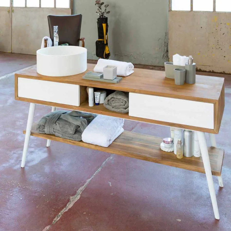 Consolle da bagno di design moderno da terra in teak naturale Pistoia Viadurini