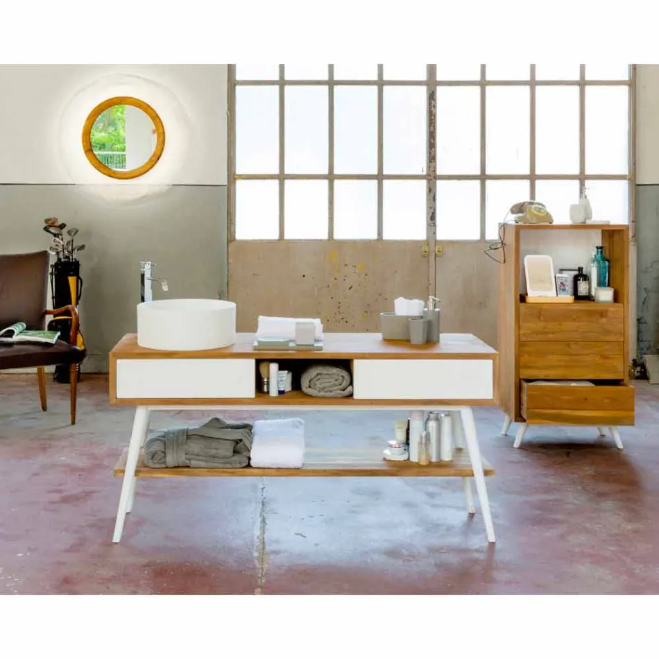 Consolle da bagno di design moderno da terra in teak naturale Pistoia Viadurini