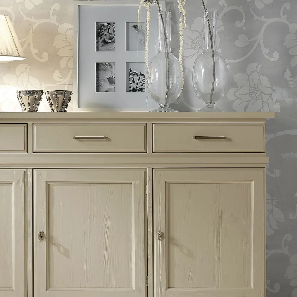 Credenza con 3 Ante e 3 Cassetti in Avorio Patinato Made in Italy - Gleti Viadurini