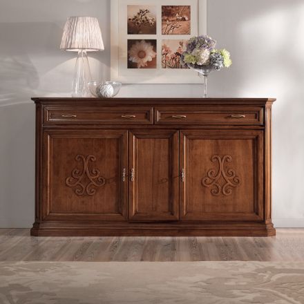 Credenza in Legno Finitura Noce Patinato con Decoro Giglio Made in Italy - Ciliegia Viadurini