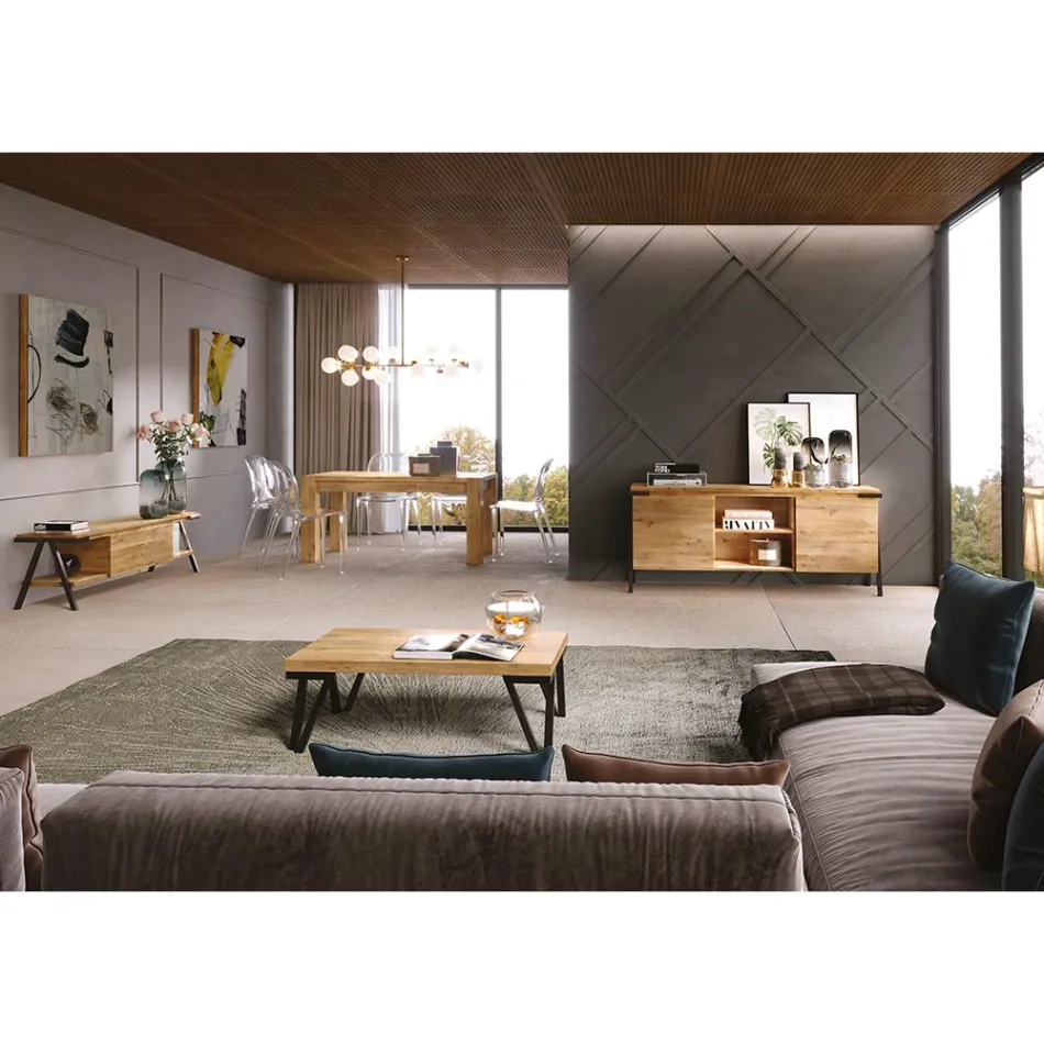 Credenza in Legno Rovere e Metallo con 2 Ante e Vano a Giorno Made in Italy - Jennifer Viadurini