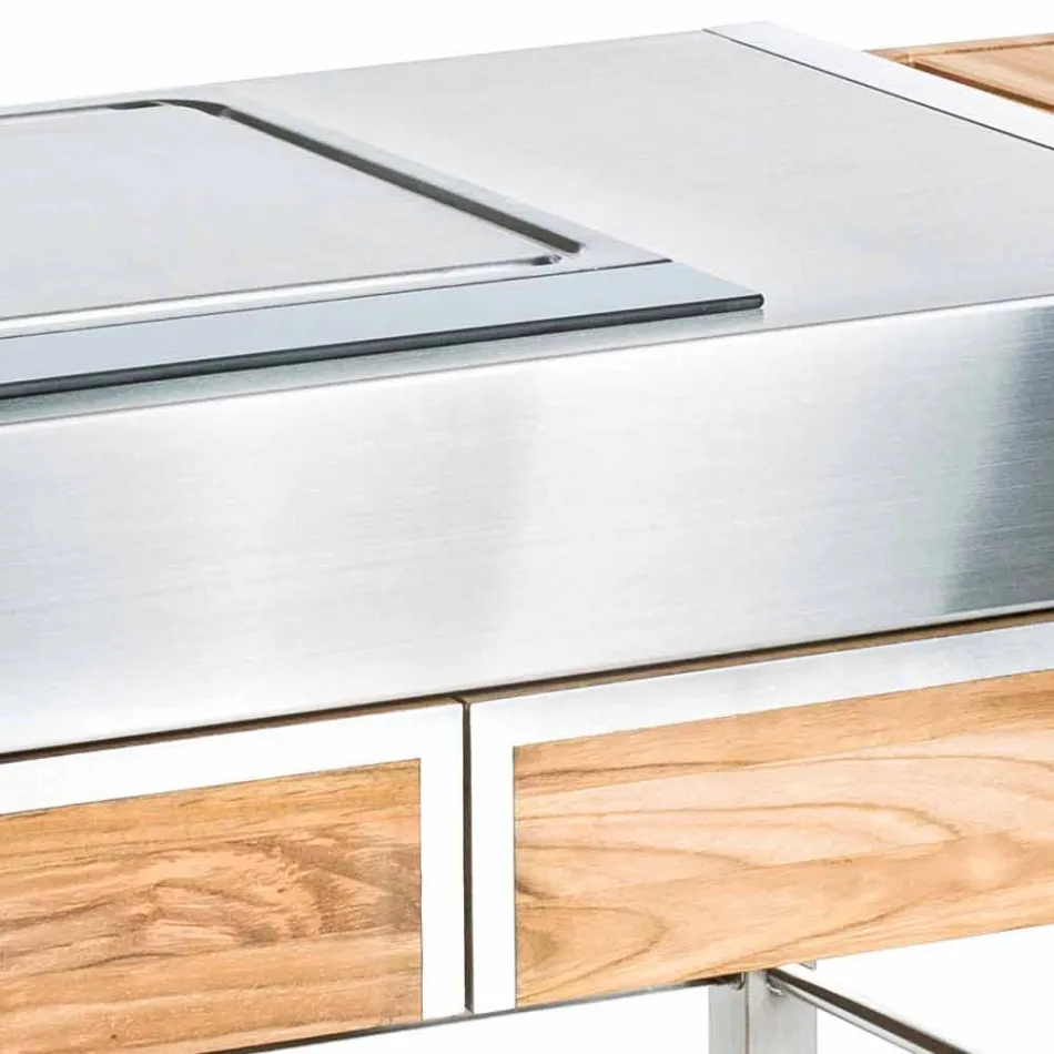 Cucina con Ruote da Esterno in Acciaio e Legno con teppanyaki - Buoncalliope Viadurini