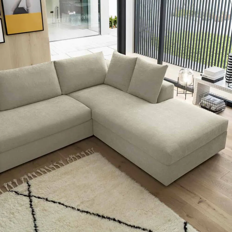 Divano Letto Angolare di Design in Tessuto Beige Realizzato in Italia - Ortensia Viadurini