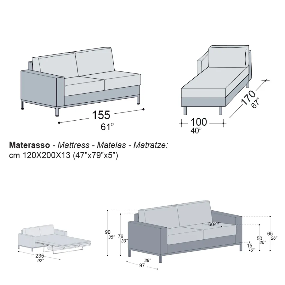 Divano Letto con Penisola in Metallo e Poliuretano Made in Italy - Folle Viadurini