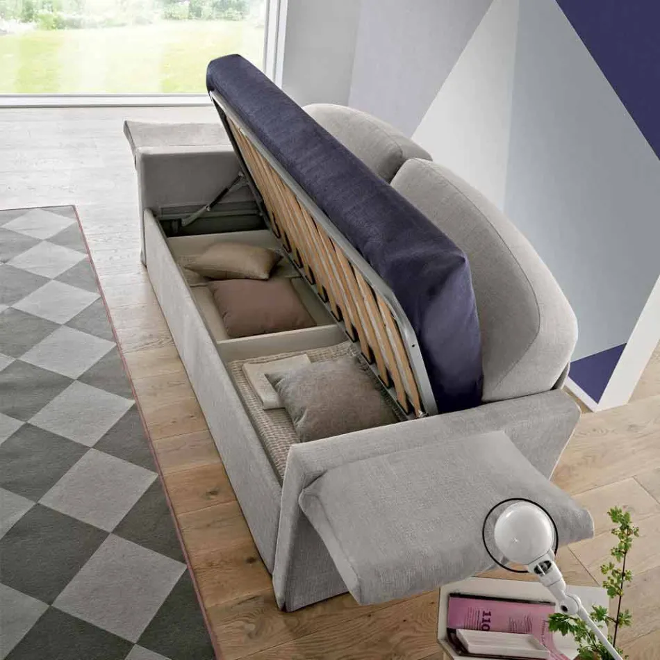 Divano Letto Singolo con Contenitore Rivestito in Tessuto Made in Italy - Kayla Viadurini