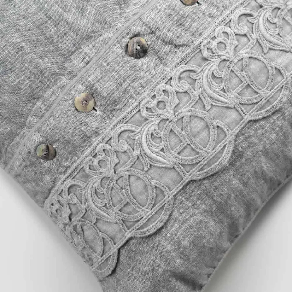 Federa Cuscini Letto in Lino Grigio con Pizzo Sinergia di Lusso Italiano - Stego Viadurini