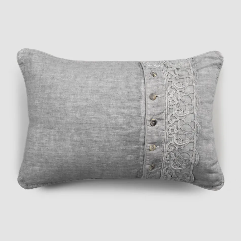 Federa Cuscini Letto in Lino Grigio con Pizzo Sinergia di Lusso Italiano - Stego Viadurini