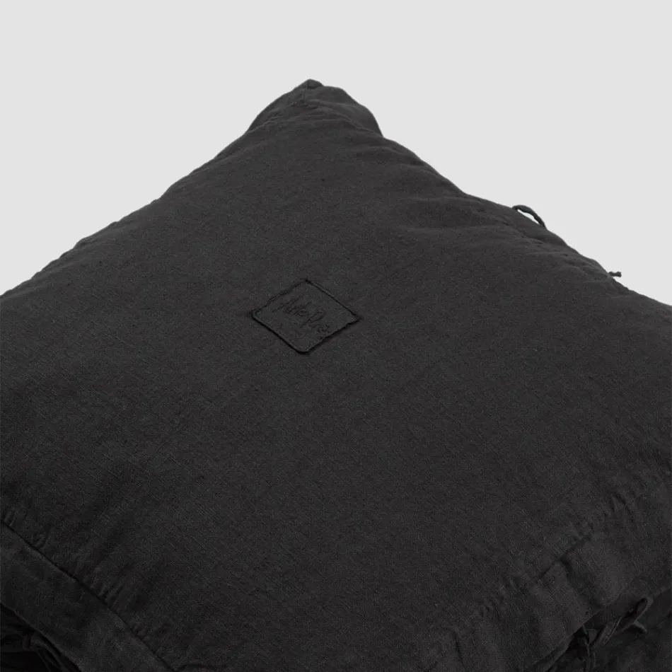 Federa Cuscini Quadrata in Lino Pesante Nero e Laccetti Made in Italy - Matero Viadurini