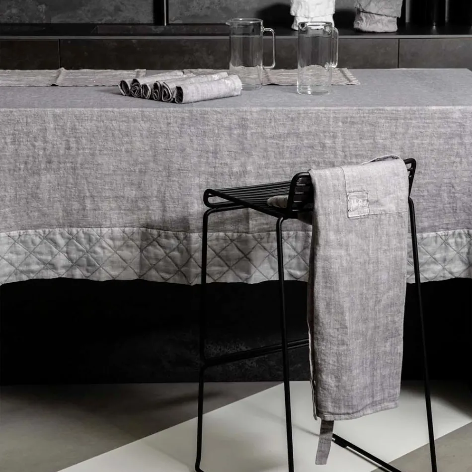 Grembiule da Cucina in Lino Grigio Antracite Modello Basso con Taschino - Flick Viadurini