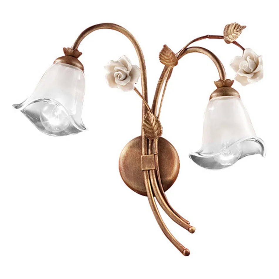 Lampada a Parete 2 Luci in Ferro e Vetro con Rosa in Ceramica - Siena Viadurini