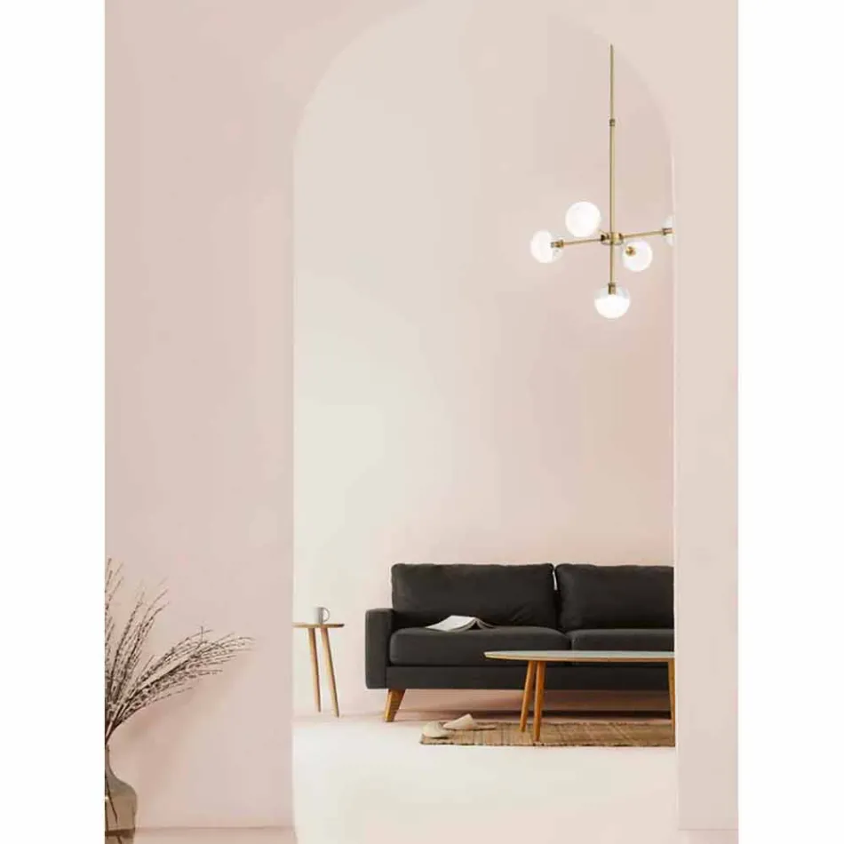 Lampada a Sospensione 5 Luci in Ottone Naturale e Vetro - Molecola by Il Fanale Viadurini