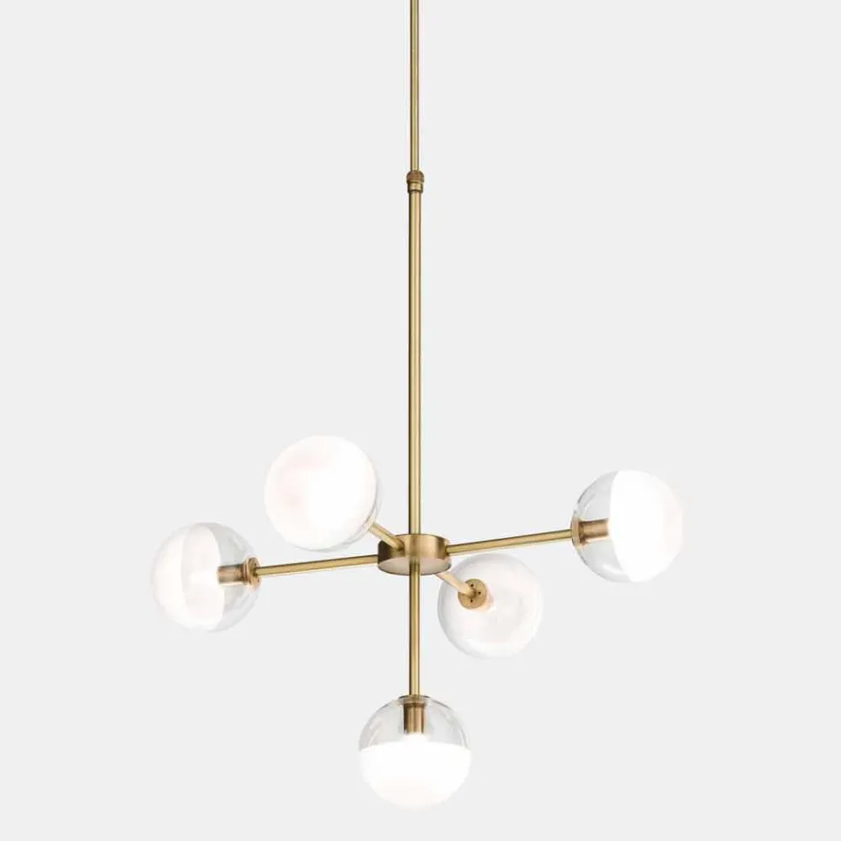 Lampada a Sospensione 5 Luci in Ottone Naturale e Vetro - Molecola by Il Fanale Viadurini