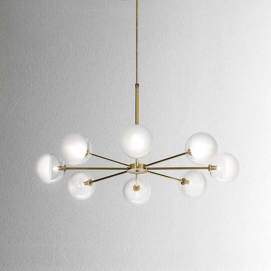 Lampada a Sospensione 8 Luci in Ottone Naturale e Vetro - Molecola by Il Fanale Viadurini