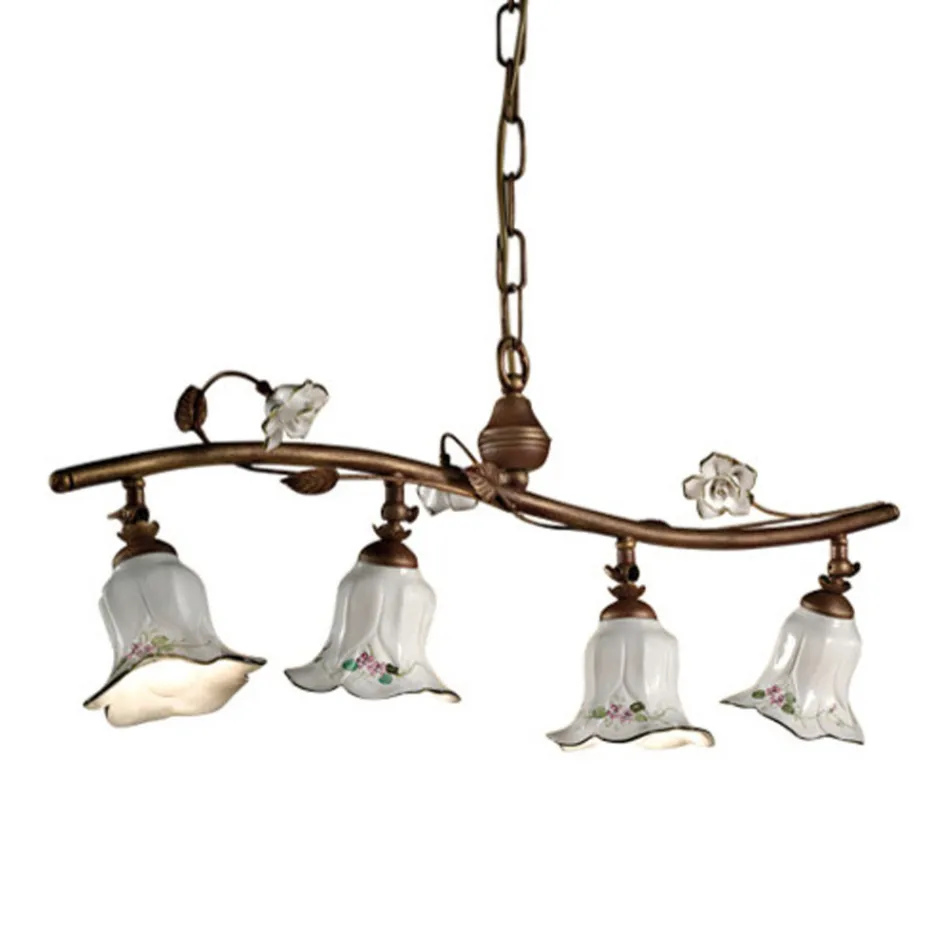 Lampada a Sospensione a 4 Luci in Ceramica Artigianale Rose Decoro - Pisa Viadurini