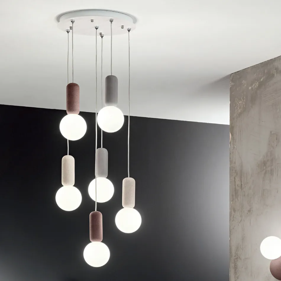 Lampada a Sospensione a 6 o 10 Luci in Cemento e Vetro Soffiato - Duster Viadurini