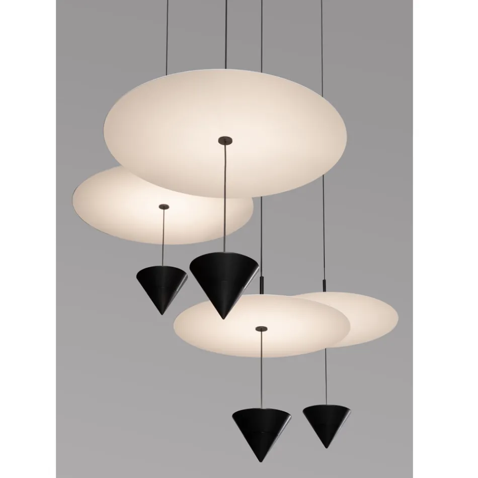 Lampada a Sospensione in Alluminio con Piatto Bianco e Cono Nero - Padel Viadurini