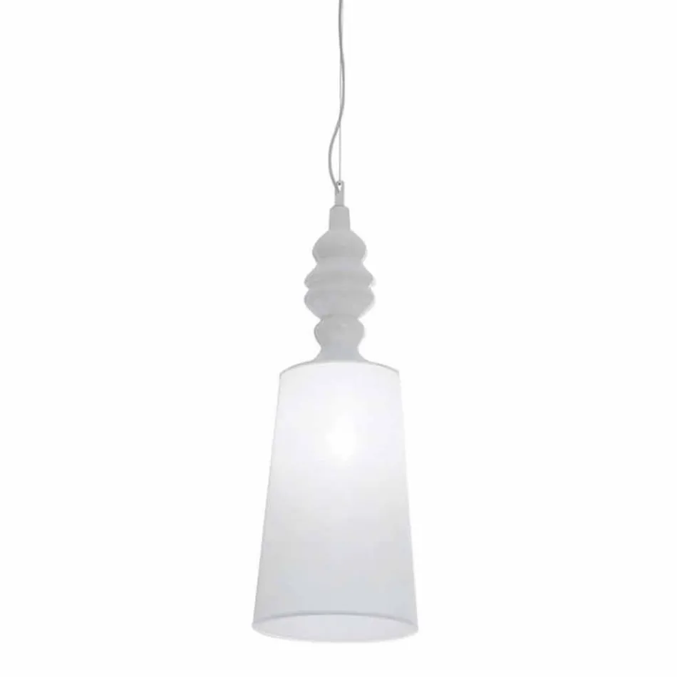 Lampada a Sospensione in Ceramica Bianca Paralume in Lino Lungo Design - Cadabra Viadurini