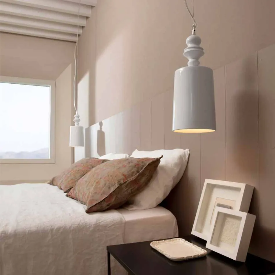 Lampada a Sospensione Paralume in Ceramica Bianco Lucido di Design - Cadabra Viadurini