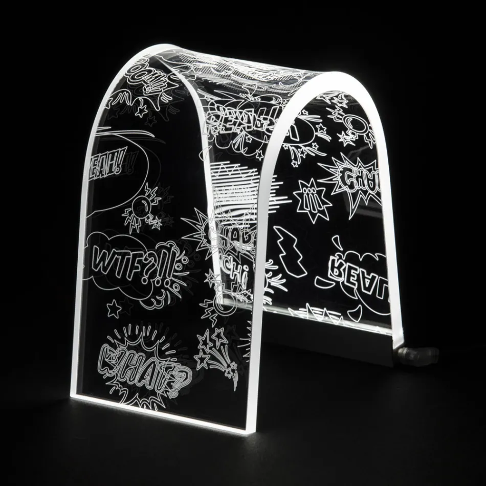 Lampada da Tavolo Cristallo Acrilico Trasparente e Decoro Inciso - Bertella Viadurini