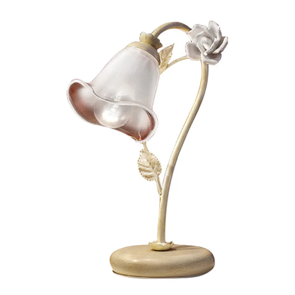 Lampada da Tavolo in Ferro e Vetro con Rosa di Decoro in Ceramica - Siena Viadurini