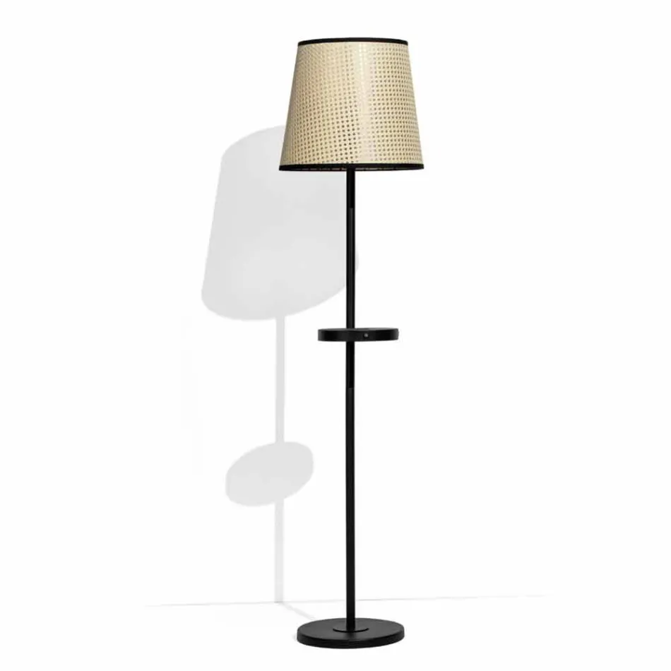 Lampada da Terra in Metallo Nero e Rattan con Mensola Made in Italy - Livia Viadurini