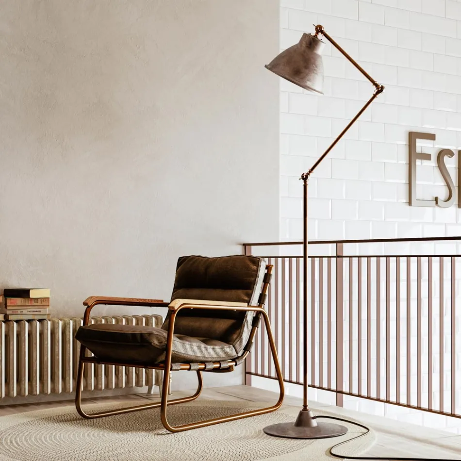 Lampada da Terra in Ottone e Ferro con Snodo Stile Vintage - Loft by Il Fanale Viadurini