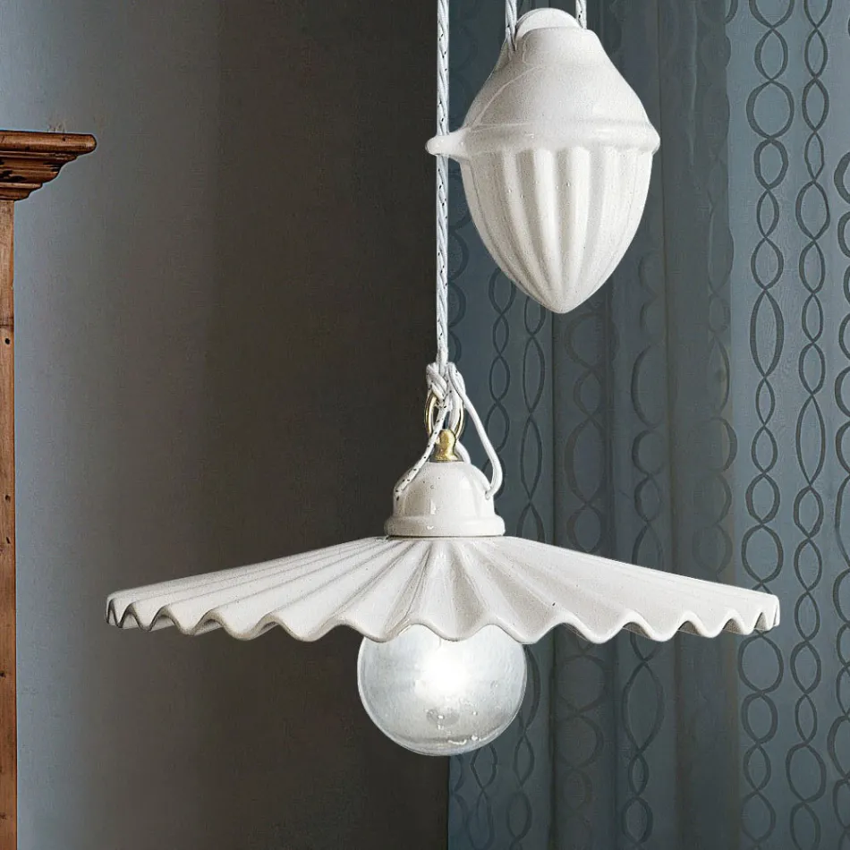 Lampada Saliscendi a Sospensione in Ceramica Plissettata Lucida - Laquila Viadurini