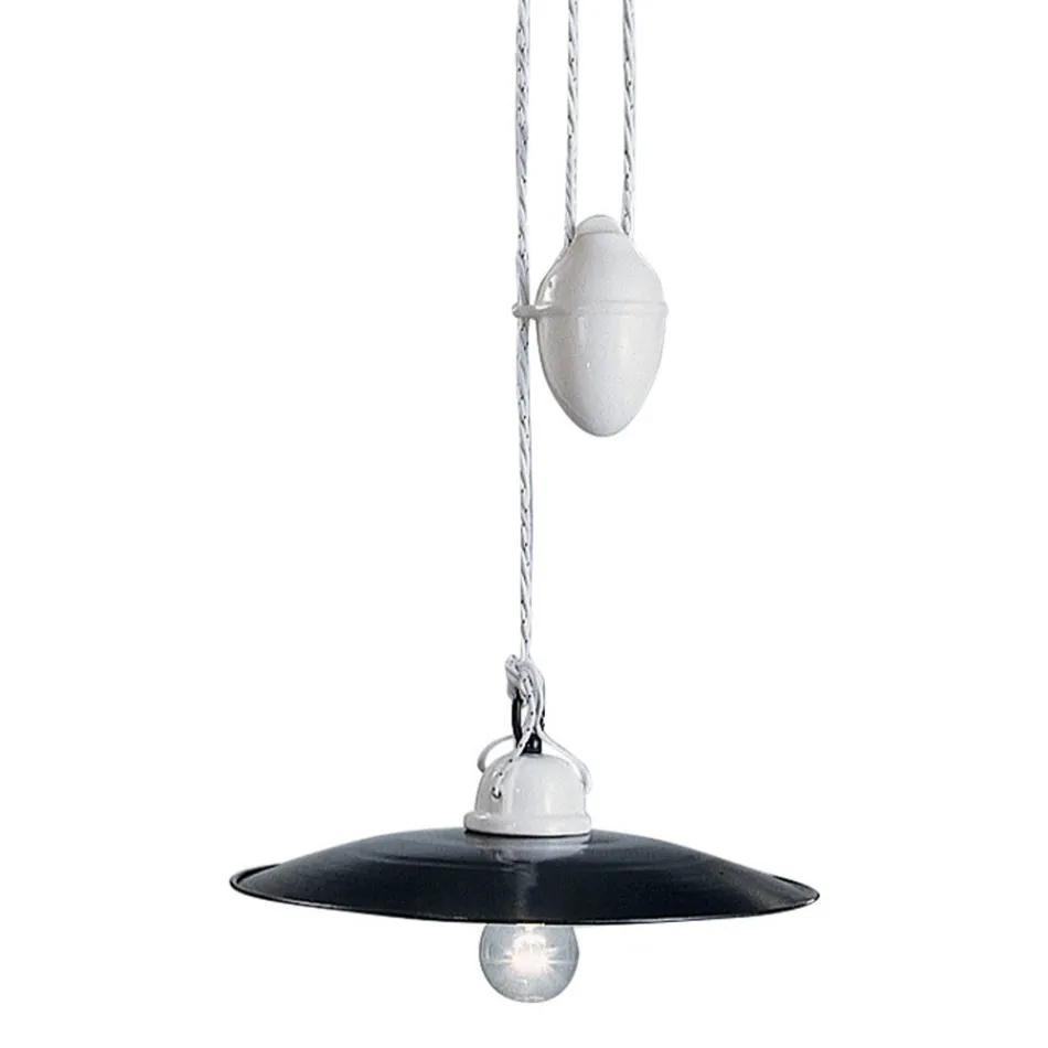 Lampada Saliscendi Sospesa in Ceramica Bianca e Metallo Nero - Potenza Viadurini