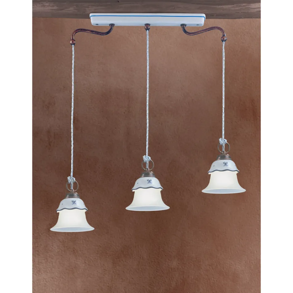 Lampada Sospensione a 3 Luci Vintage in Ferro, Vetro e Ceramica - Ferrara Viadurini