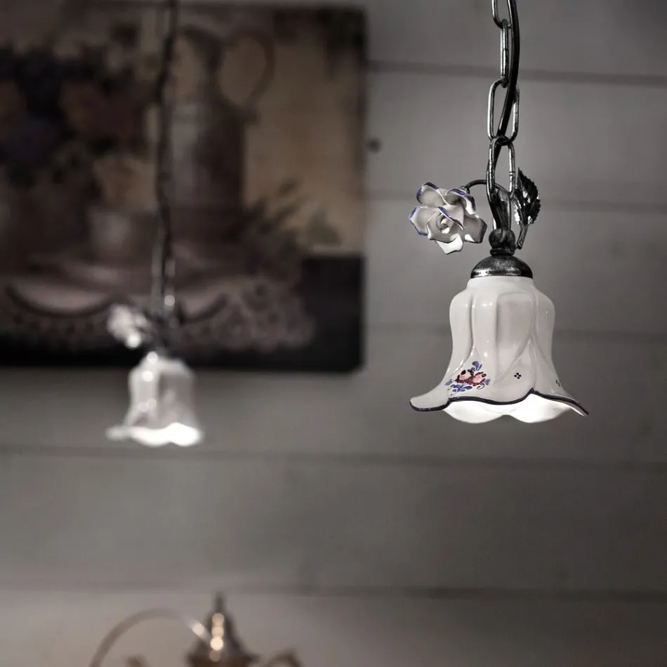 Lampada Sospensione in Metallo e Ceramica Decorata a Mano con Rosa - Pisa Viadurini