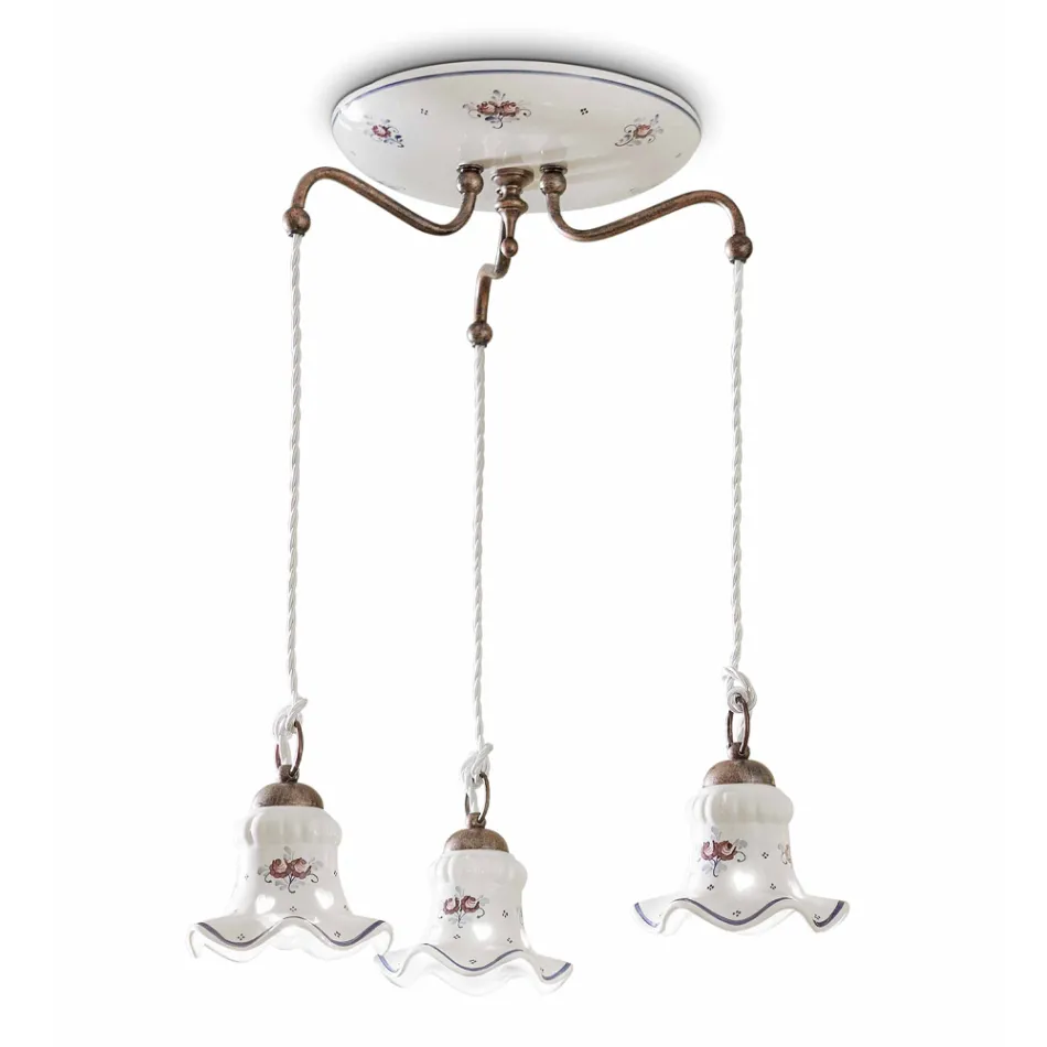 Lampada Sospesa 3 Luci in Ferro e Ceramica Dipinta a Mano Vintage - Chieti Viadurini