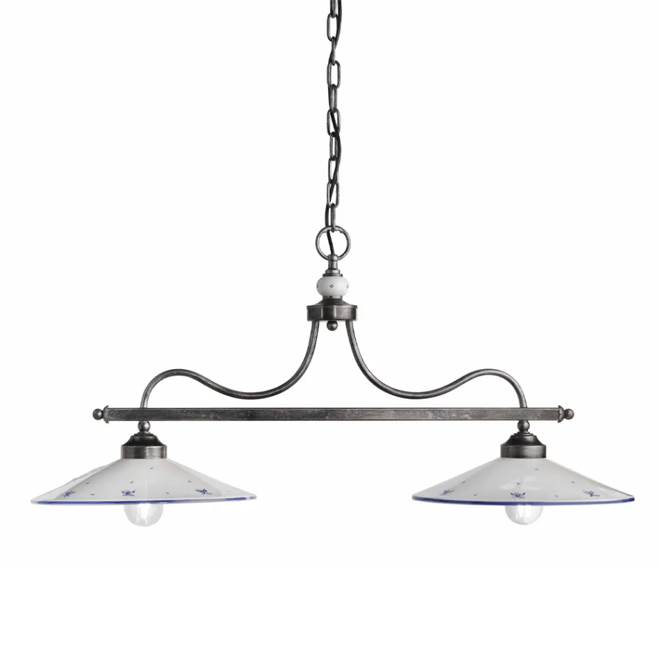 Lampada Sospesa a 2 Luci in Ceramica Dipinta a Mano e Ferro Design - Asti Viadurini