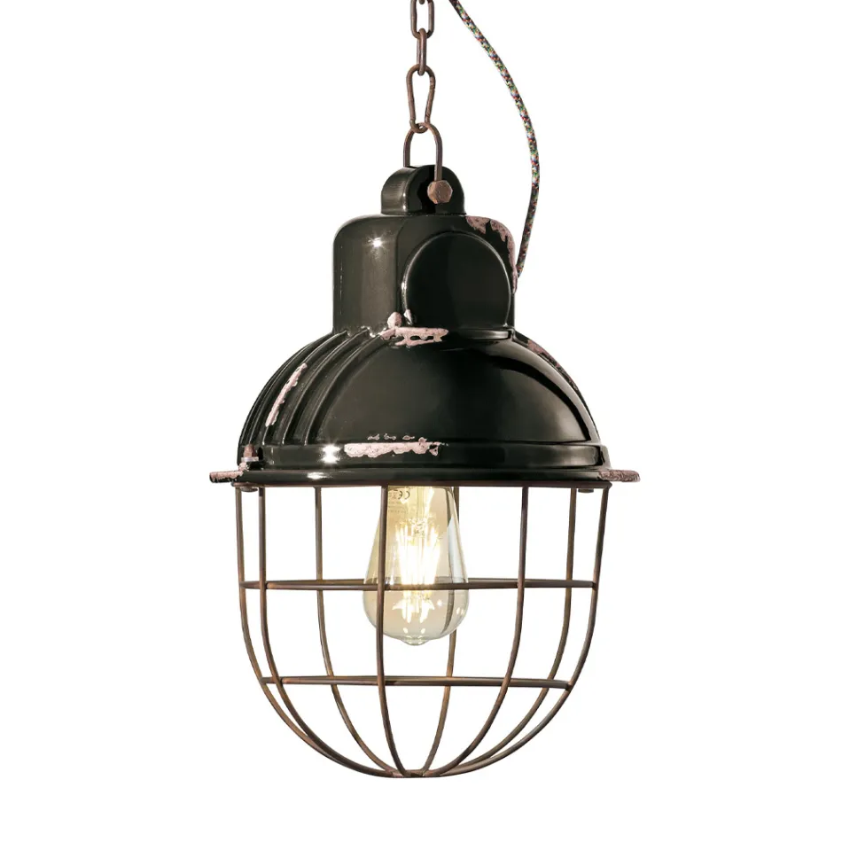 Lampada Sospesa Artigianale in Ferro e Ceramica con Griglia - Industrial Viadurini