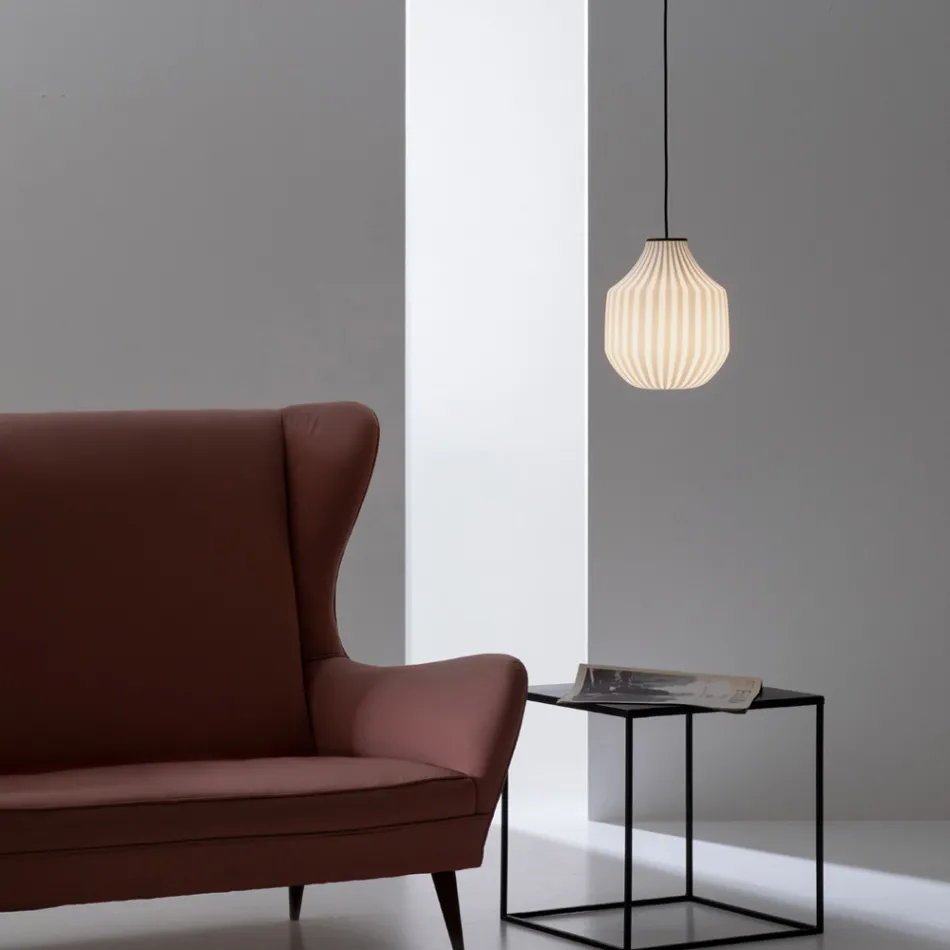 Lampada Sospesa Design Tondeggiante in Vetro Bianco in Filigrana - Caravan Viadurini