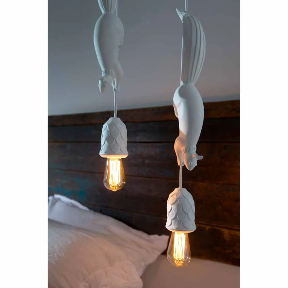 Lampada Sospesa in Ceramica Bianca Opaca con Scoiattolo e Ghianda - Scoiattolo Viadurini