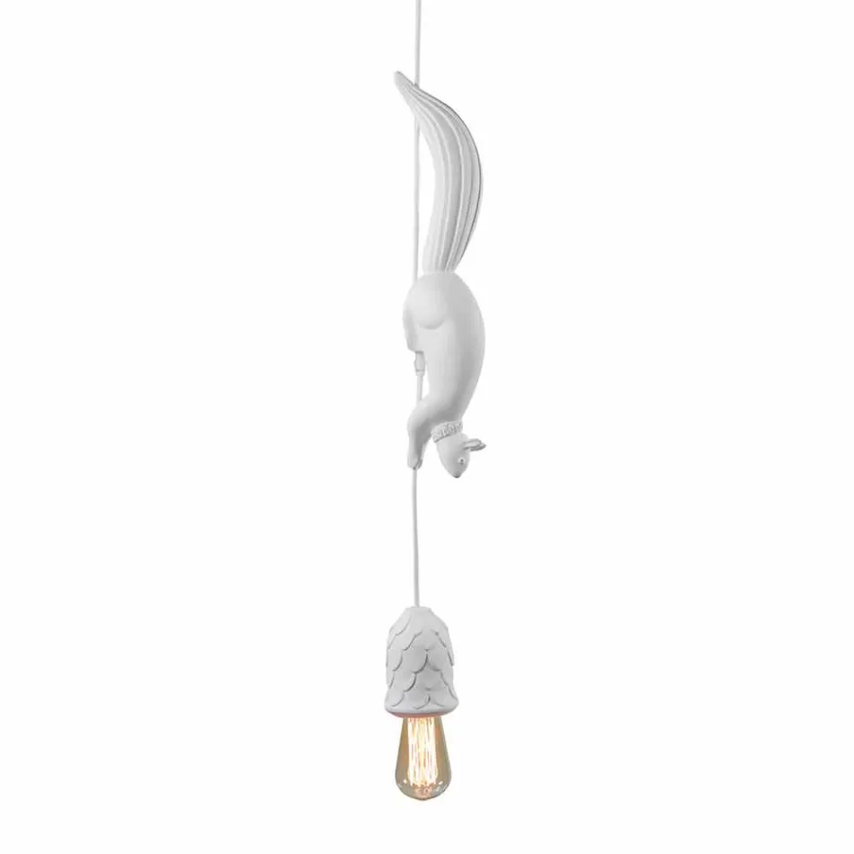Lampada Sospesa in Ceramica Bianca Opaca con Scoiattolo e Ghianda - Scoiattolo Viadurini