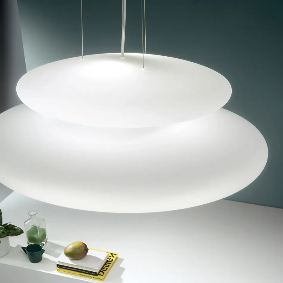 Lampada Sospesa in Vetro Bianco Soffiato e Metallo Cromato - Illumina Viadurini