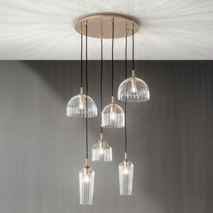 Lampada Sospesa in Vetro Soffiato Rigato e Metallo Verniciato - Giuliano Viadurini