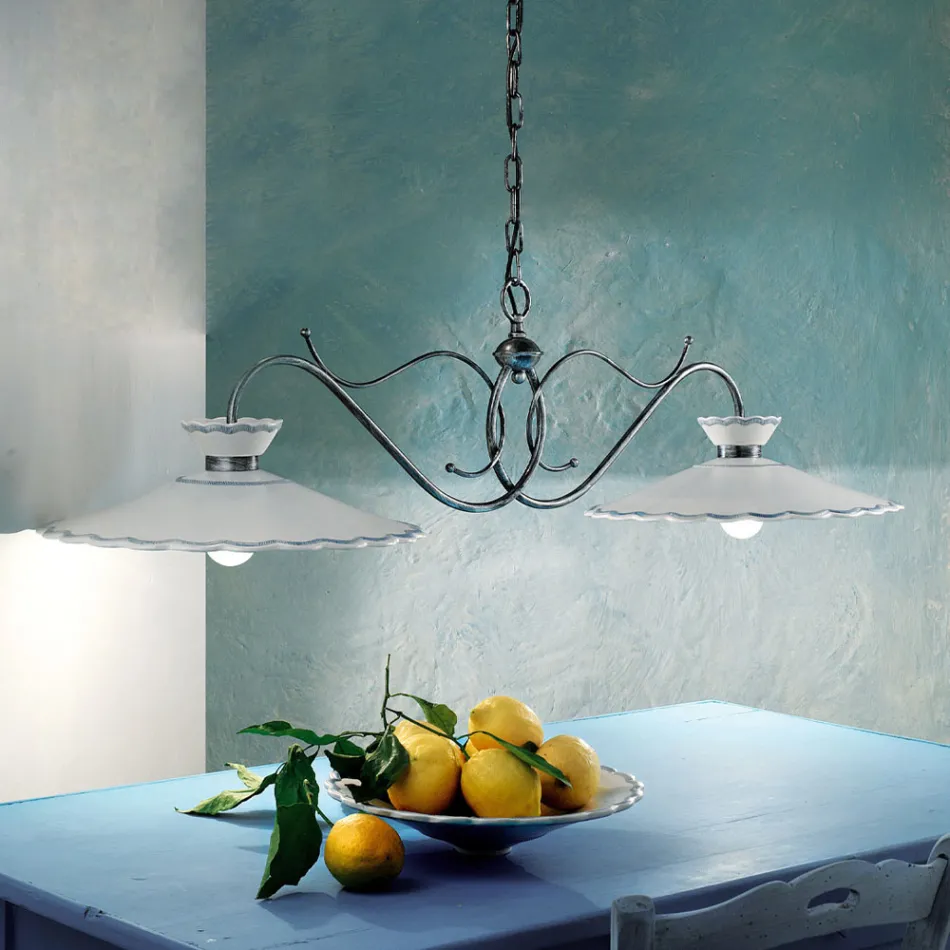 Lampada Sospesa Lineare 2 Luci Ceramica Effetto Ricamo Artigianale - Ravenna Viadurini